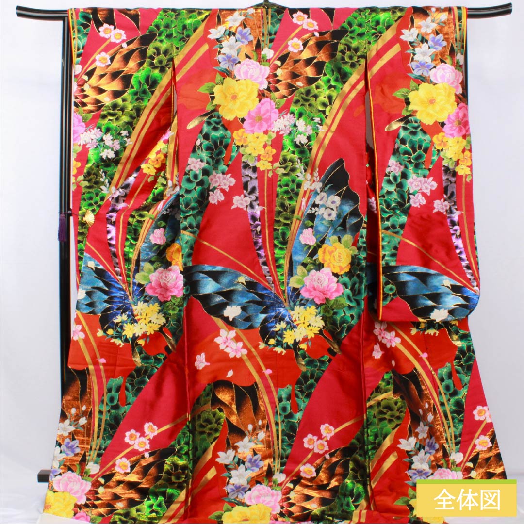 色打掛 正絹 Sランク 身丈188cm 裄丈67cm 真紅色(しんくいろ) 森英恵 HANAE MORI 唐織 蝶 袷 赤系 1110001102912