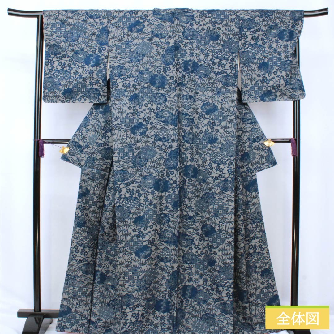 小紋 正絹 Sランク 身丈166cm 裄丈67cm 袷 京紅型 藍型 紬地 草花 グレー系 1115007212522