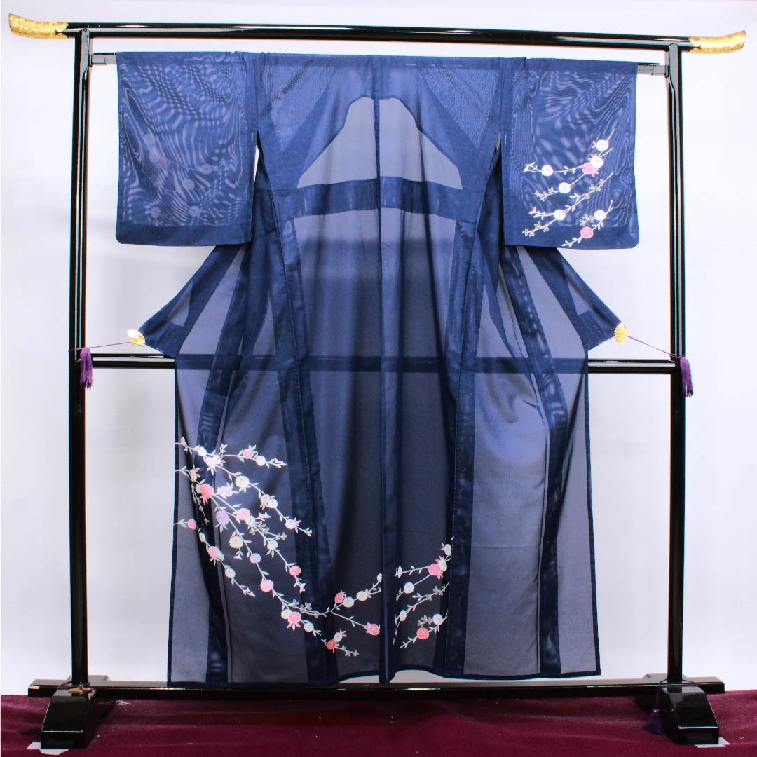 夏物 ポリエステル 訪問着 身丈156.5cm 裄丈65cm 濃紺色(のうこんいろ)菊 絽 Sランク 紺系 1132000102318
