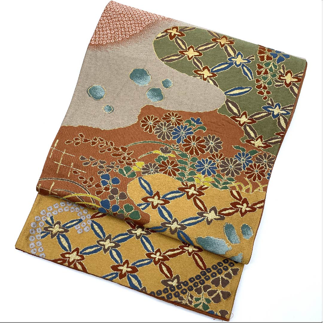 袋帯 弁柄色(べんがらいろ) 白綾苑大庭 藤 七宝 小菊 帯丈430cm 正絹 Sランク 六通 セミフォーマル グラデーション系 1123008662399