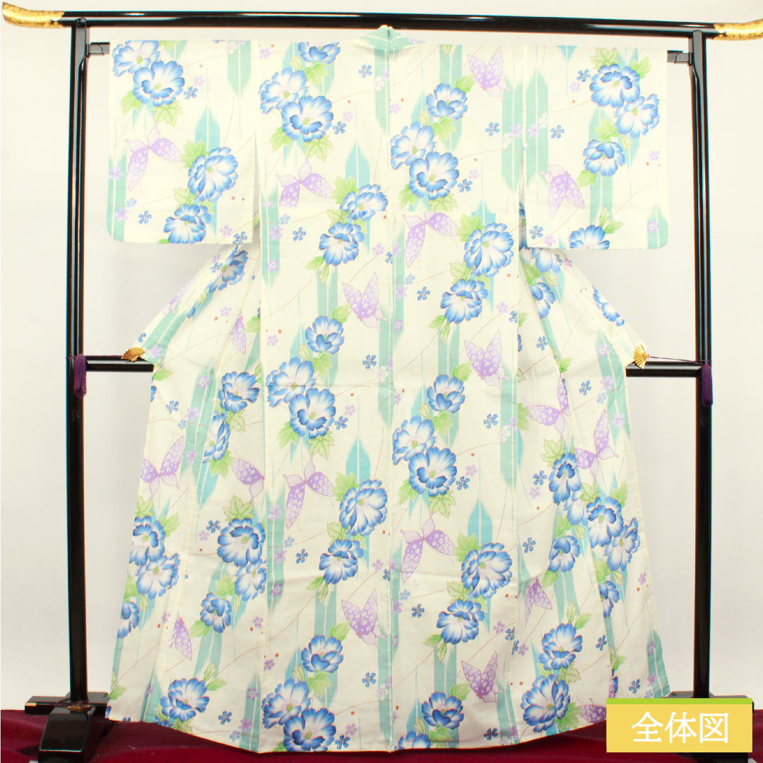 浴衣 木綿 身丈165cm 裄丈66cm Sランク 単衣 白系 蝶 牡丹 撫子 1118004692511