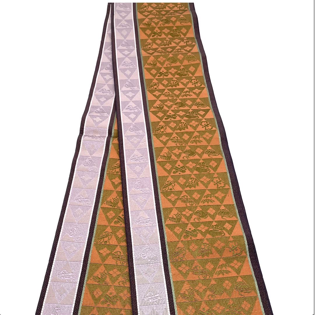 (未仕立)半幅帯 正絹 帯丈354cm 陶塑色(とうそいろ) 宝尽くし 博多織 本場筑前 橙系 Aランク 1125001393326