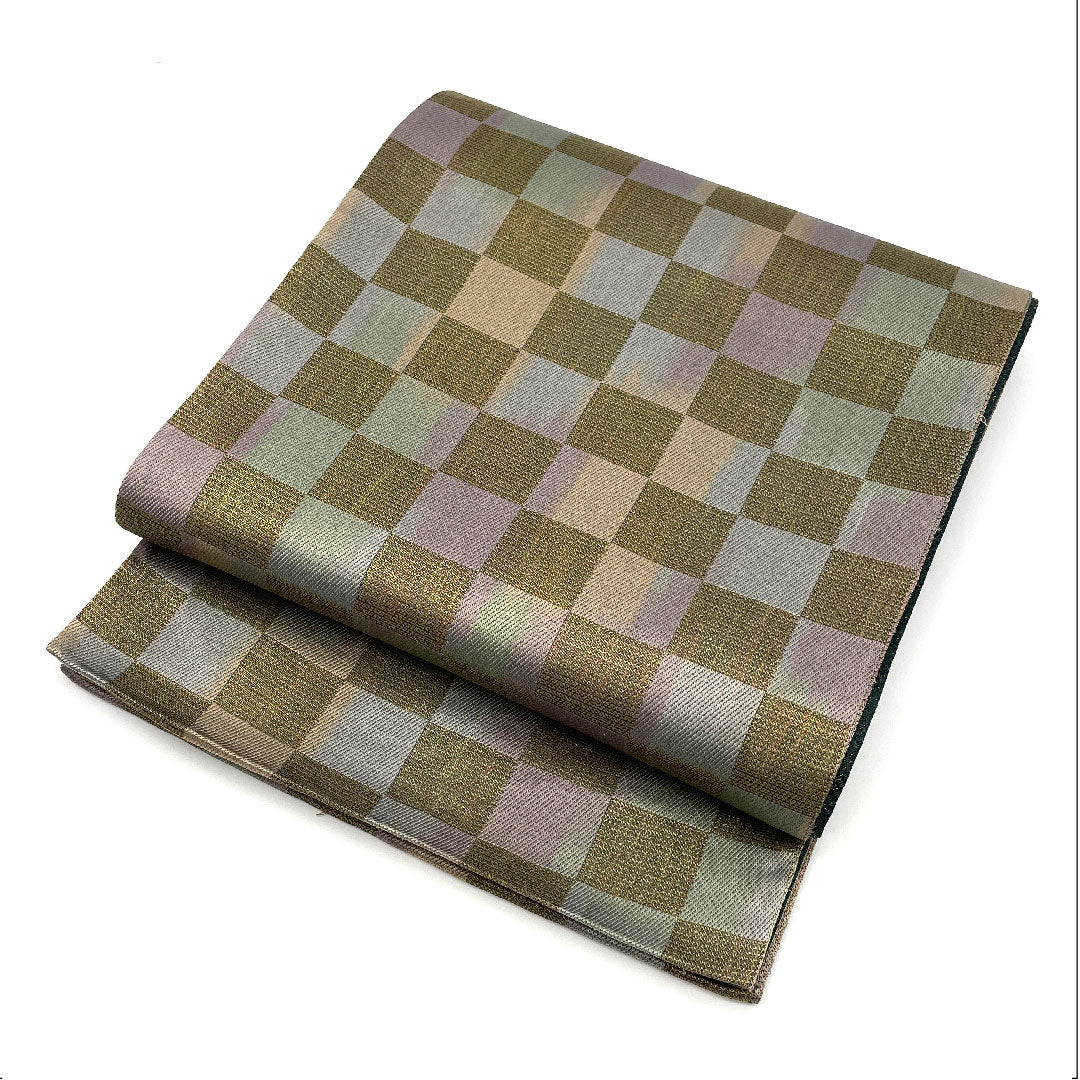 袋帯 全通全景 市松 縞 リバーシブル 帯丈440cm 正絹 Sランク 全通 セミフォーマル グラデーション系 1123003762399