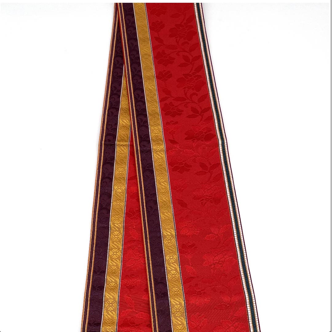 (未仕立)半幅帯 正絹 帯丈360cm 赤色(あかいろ) 花唐草 縞 博多特選 博多織 赤系 Sランク 1125001372312