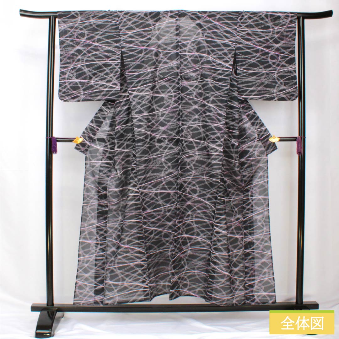 夏物 ポリエステル 小紋 身丈153cm 裄丈64cm 相済茶色(あいすみちゃいろ) 抽象模様 絽 Aランク 黒系 1132002293210