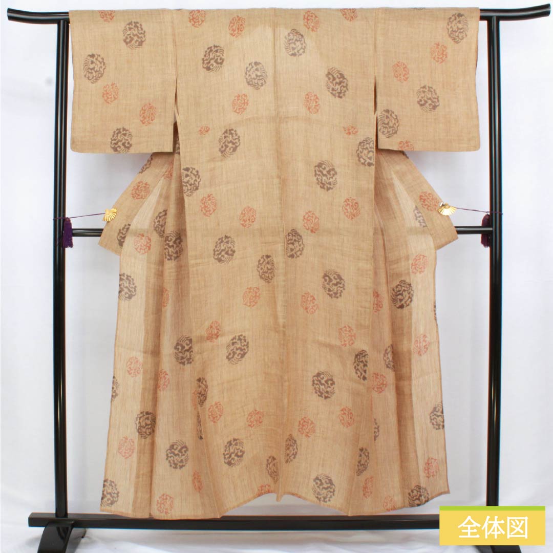 Summer linen tsumugi (pongee) kimono, length 151.5cm, sleeve length 63.5cm, walnut color, abstract pattern, horizontal double kasuri, gauze, S rank, brown, 1132002692214