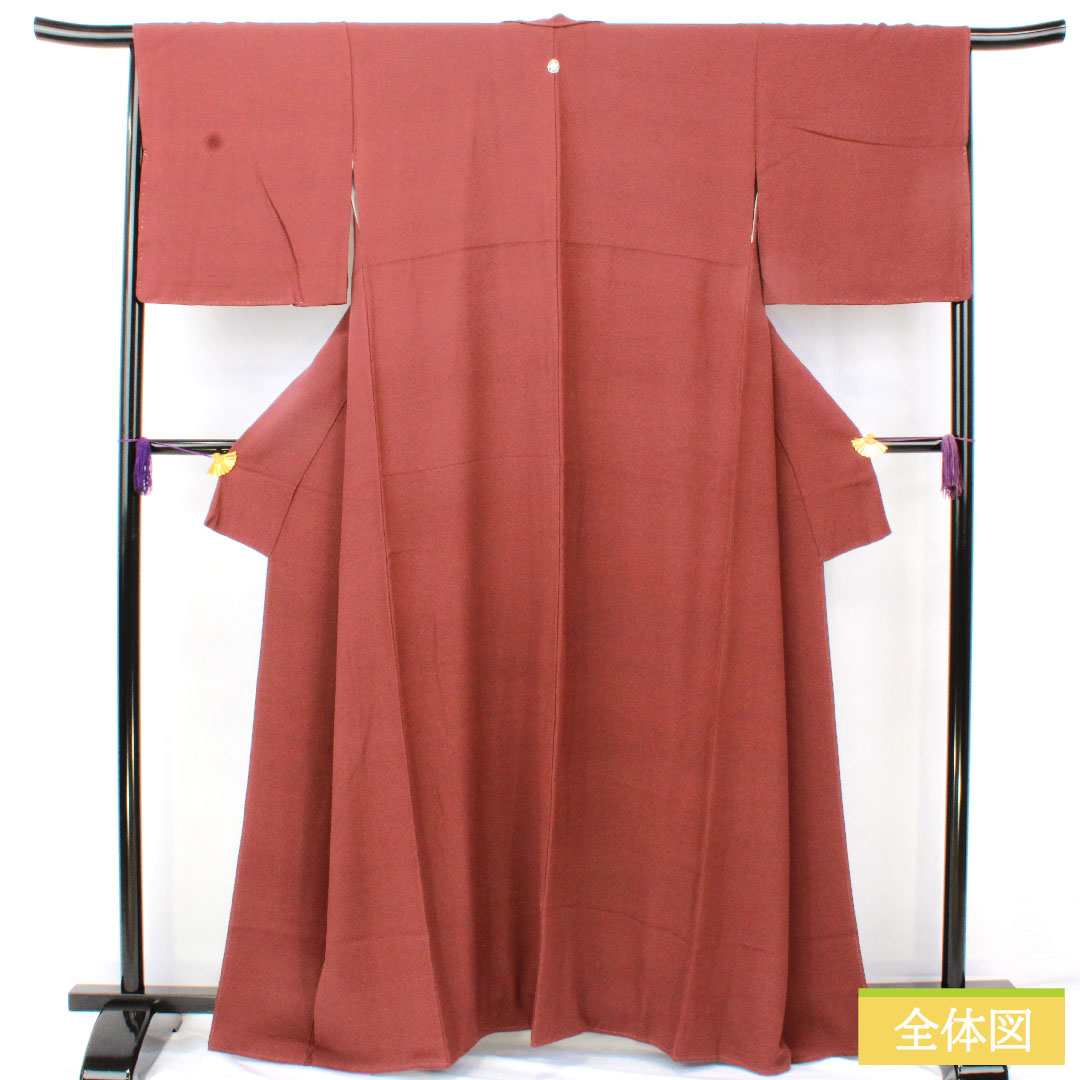 色無地 正絹 身丈163cm 裄丈67.5cm 小豆茶色(あずきちゃいろ) 素無地 一つ紋 丸に桔梗 袷 Sランク 茶系 1114001822414