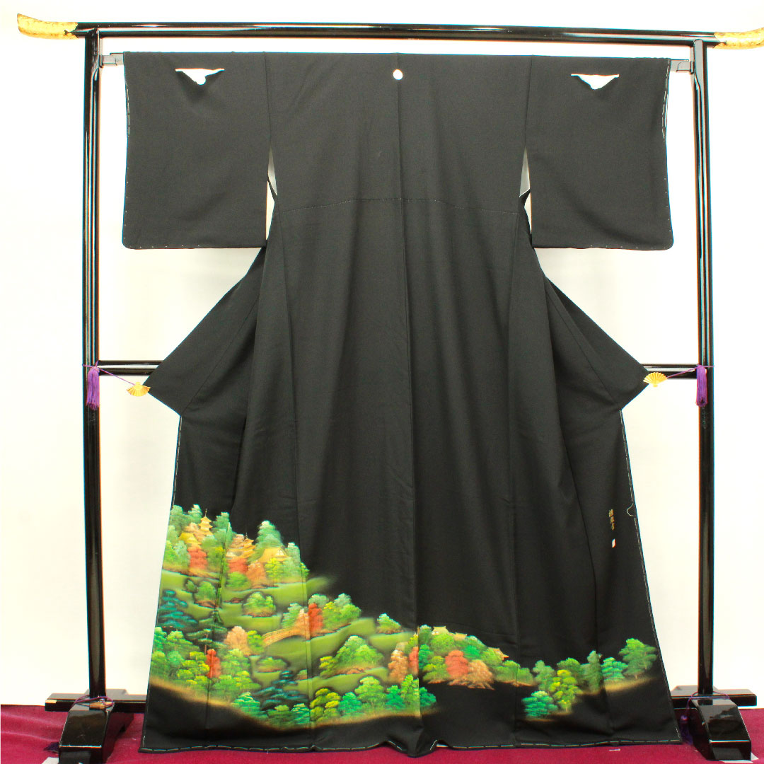 Black formal kimono, length 170.5cm, sleeve length 66cm, lined, no crest, with basting thread, unused, Kyo-Yuzen, Katsura Imperial Villa, landscape pattern, pure silk, S rank, none, black, 1111001092610