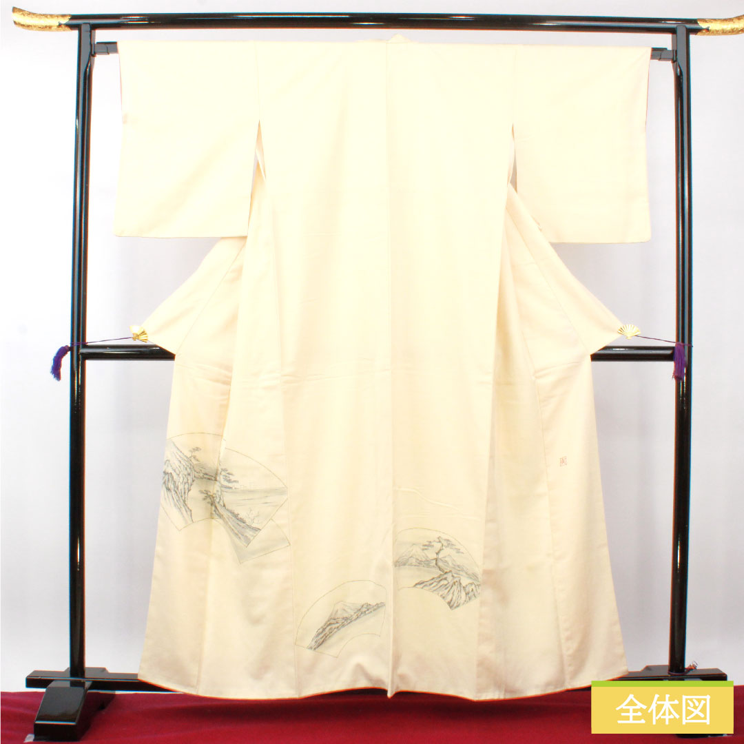 彩色留袖、纯丝、长度 159.5 厘米、袖长 65.5 厘米、里料、Neriiro(Neri-iro)、春亚纺、手绘友禅、富士山、A 级、奶油色、1111001323315
