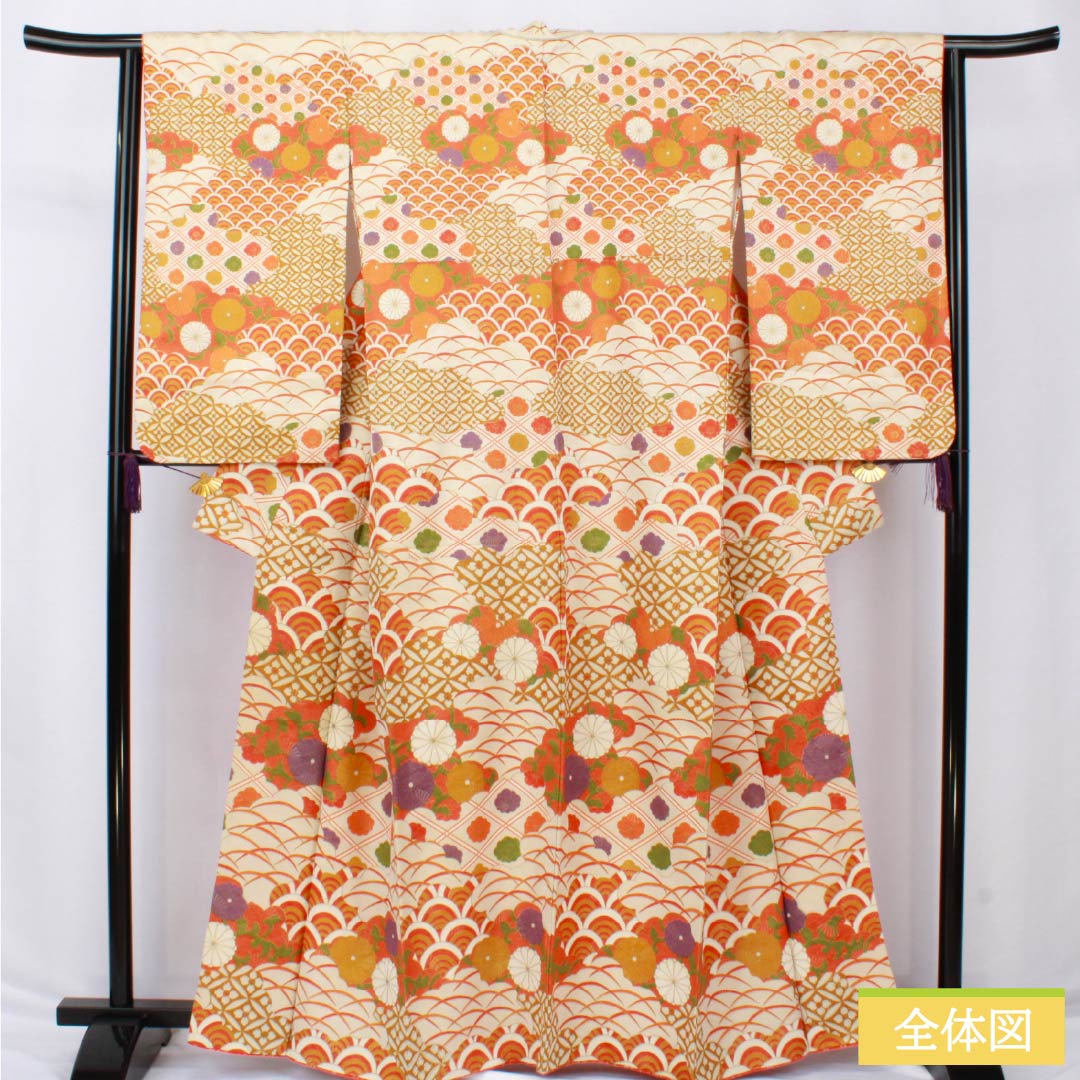 訪問着 正絹 Aランク 袷 身丈164cm 裄丈62cm 赤橙色(あかだいだいいろ) 京友禅 吉祥文様 菊 青海波 橙系 1112006593426