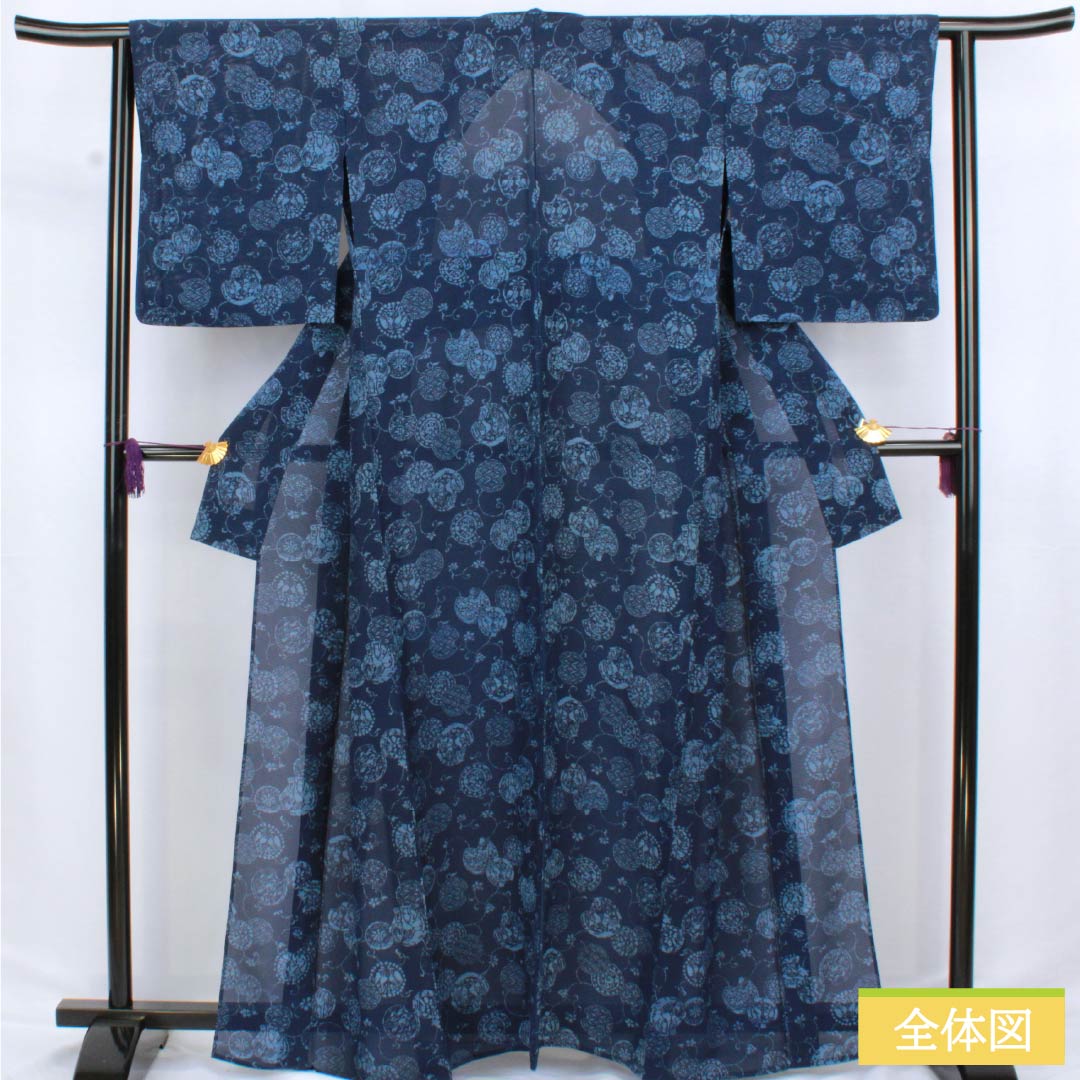 夏物 正絹 小紋 身丈163.5cm 裄丈63cm 紺色(こんいろ) 古典柄 型染 絽 Aランク 紺系 1132002713418