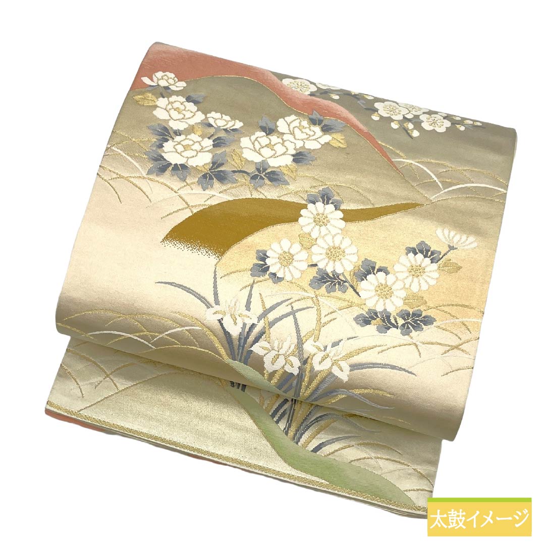 袋帯 正絹 Aランク 銀色(ぎんいろ) 遠山 草花 帯丈416cm 六通 フォーマル 銀系 1123018623322