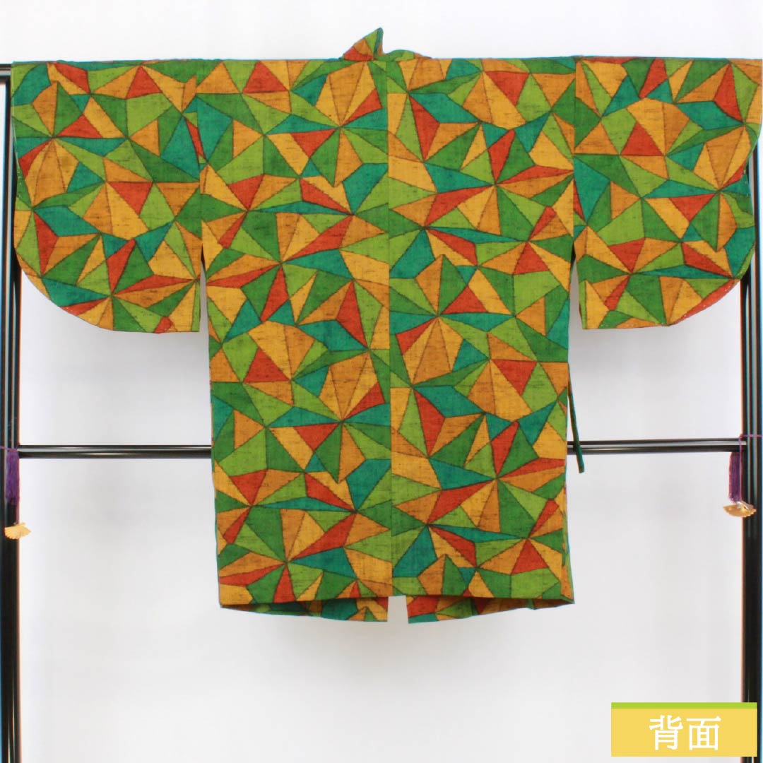 道中着 ウール Sランク 身丈93.5cm 裄丈68cm 柳緑色(りゅうりょくいろ) 幾何学模様 しつけ糸付き 単衣 緑系 1117001222919