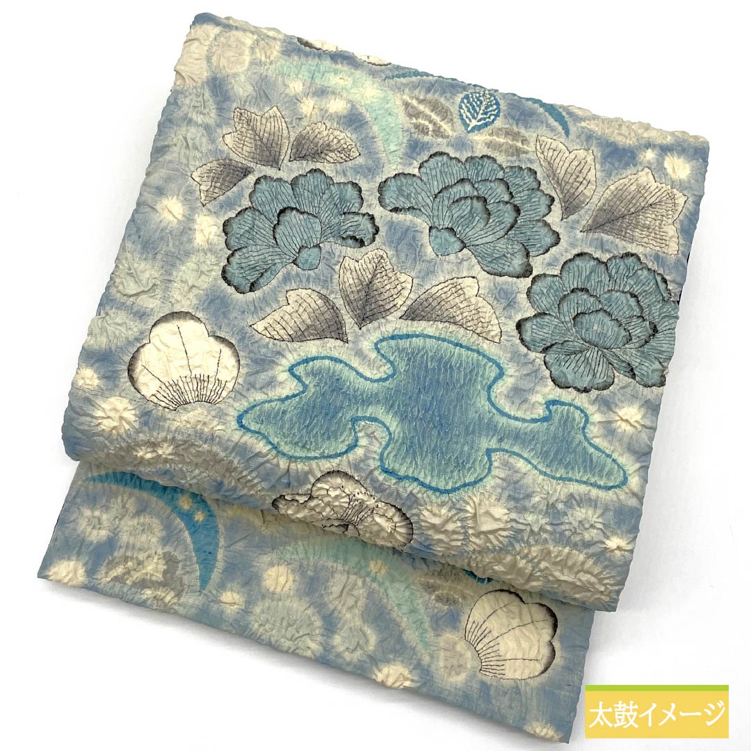 Nagoya obi, white and deep blue, tie-dyed, by an artist, Tsujigahana, obi length 360cm, pure silk, rank S, point pattern, casual, light blue, 1124007032324, open style