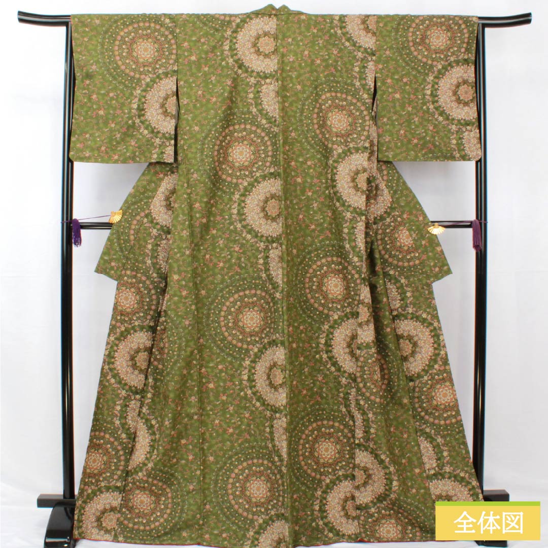 小紋 ポリエステル 身丈170cm 裄丈65cm 袷 青丹色(あおにいろ) 洗える着物 ペルシャ模様 胴抜き しつけ糸付き Sランク 緑系 1115005252619