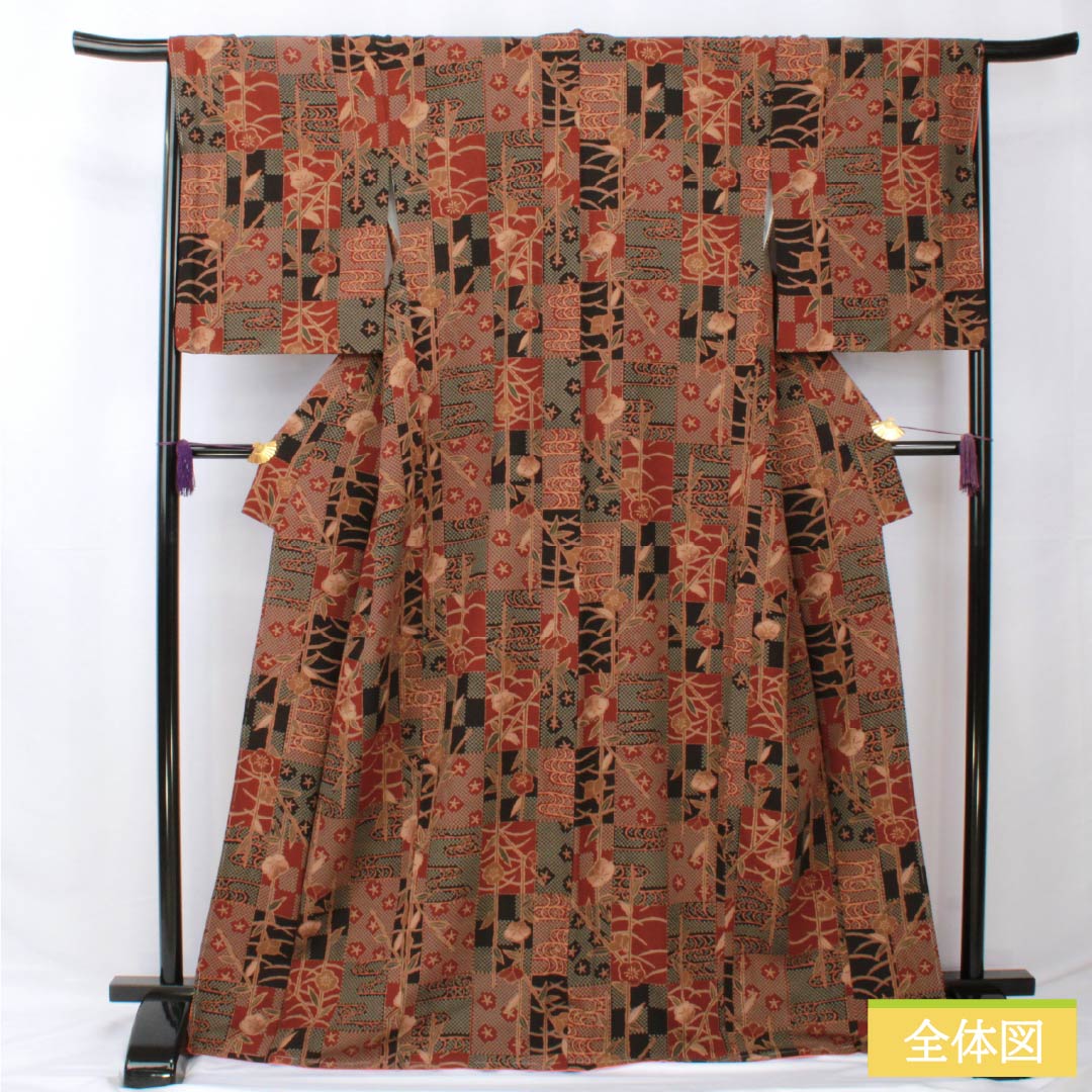 Small pattern, polyester, length 169cm, sleeve length 66.5cm, lined, copper-red, checkered, floral pattern, washable, basting thread included, S rank, gradient, 1115005772599