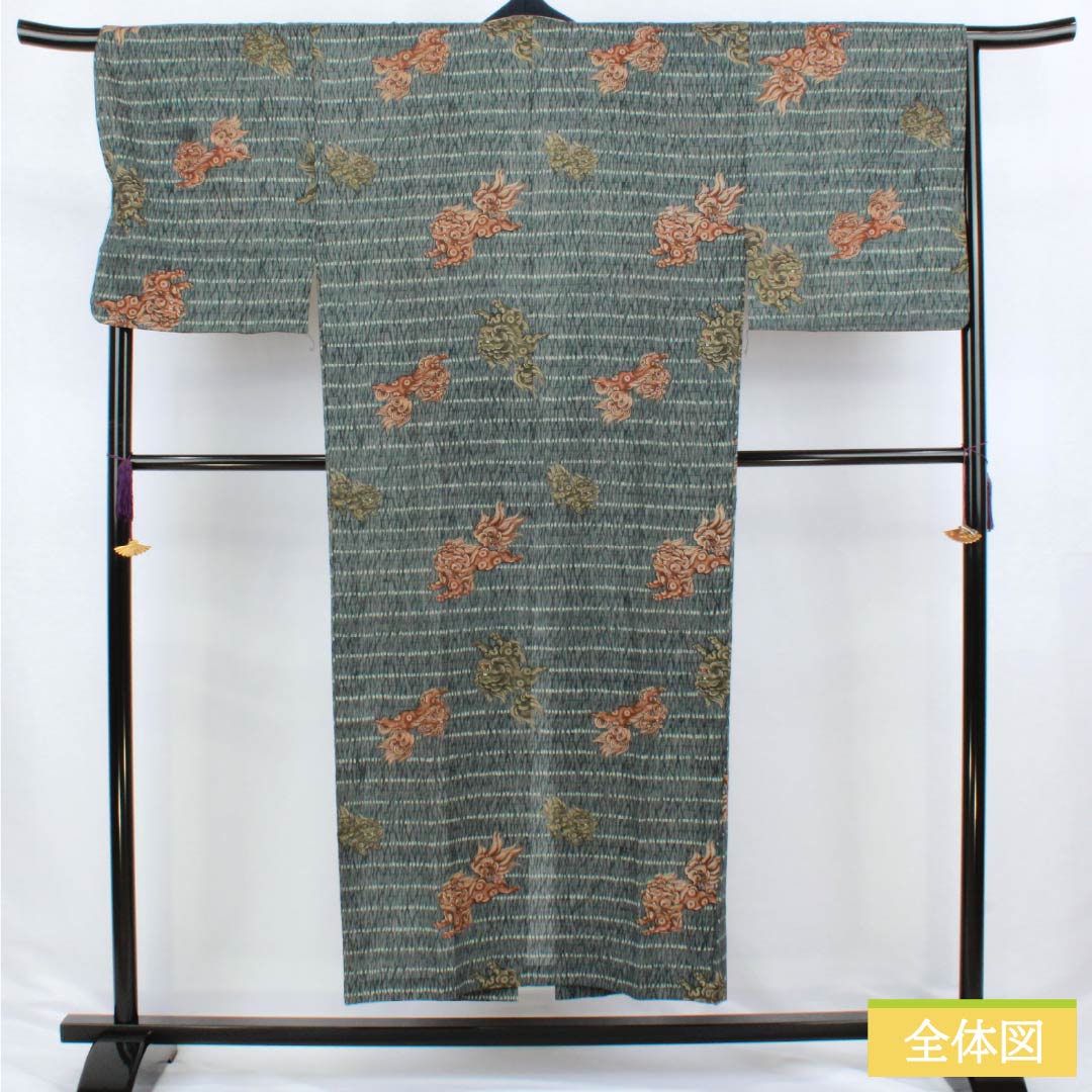 Men's wool nagajuban (long under-kimono), Grade A, length 147cm, sleeve length 68cm, Omeshi-chairo (brown) fabric, lion design, single-layer, green-toned, 1140000653419