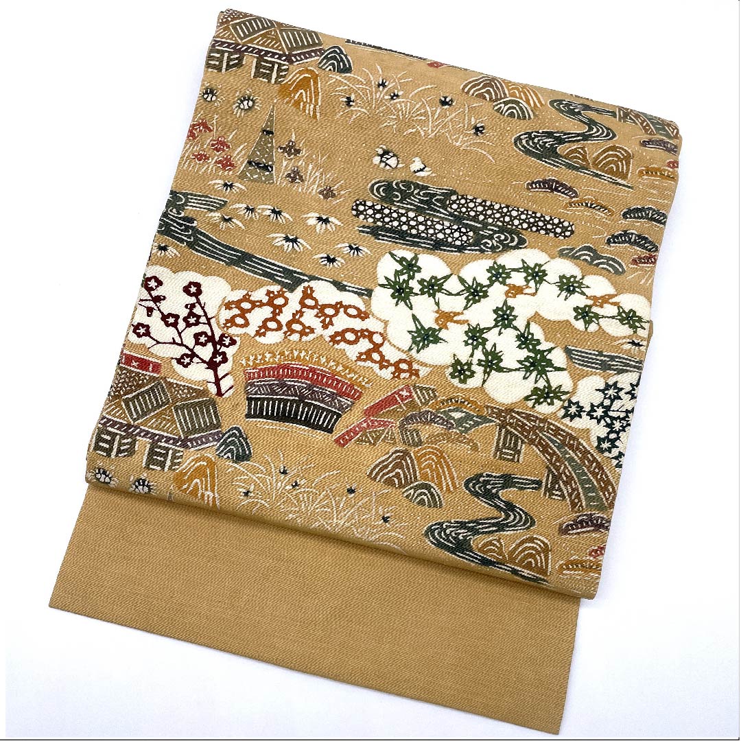 名古屋帯 薄い朽葉色 ちりめん地 花柄 蝶々柄 鳥柄 帯丈353cm 正絹 Aランク 六通 カジュアル ベージュ系 1124004723325 名古屋仕立て