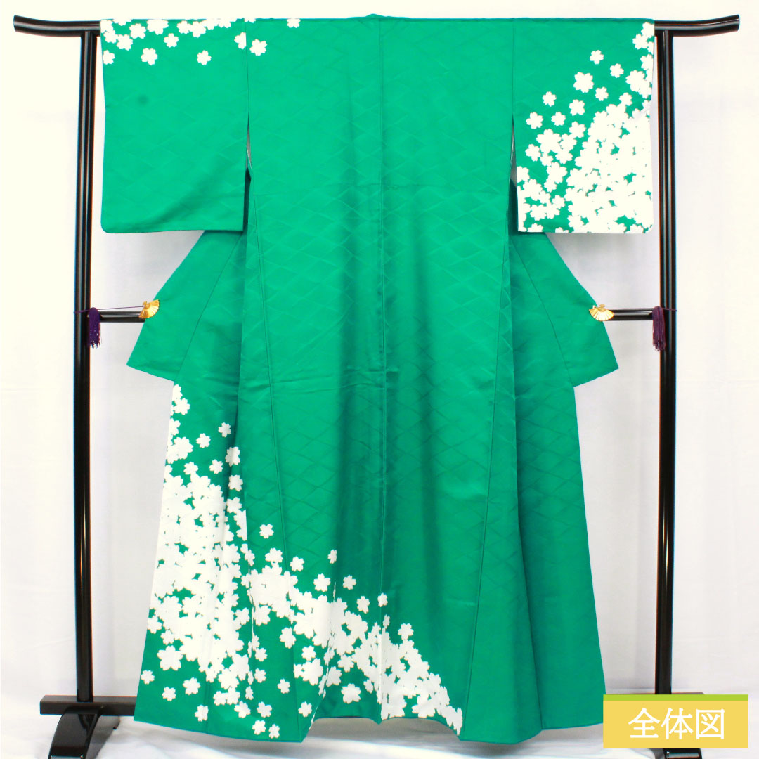 訪問着 ポリエステル 袷 身丈159cm 裄丈62cm 孔雀緑色(くじゃくりょくいろ) 洗える着物 桜 Sランク 緑系 1112005372319