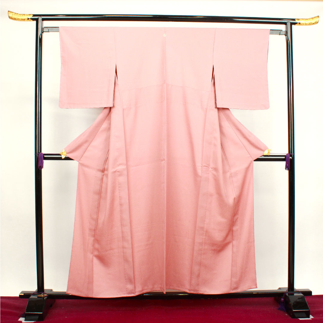 色無地 ポリエステル 帯紅色 洗える着物 しつけ糸付き 中陰桔梗 身丈156.5cm 裄丈61.5cm 単衣 Aランク ピンク系 1114000683313