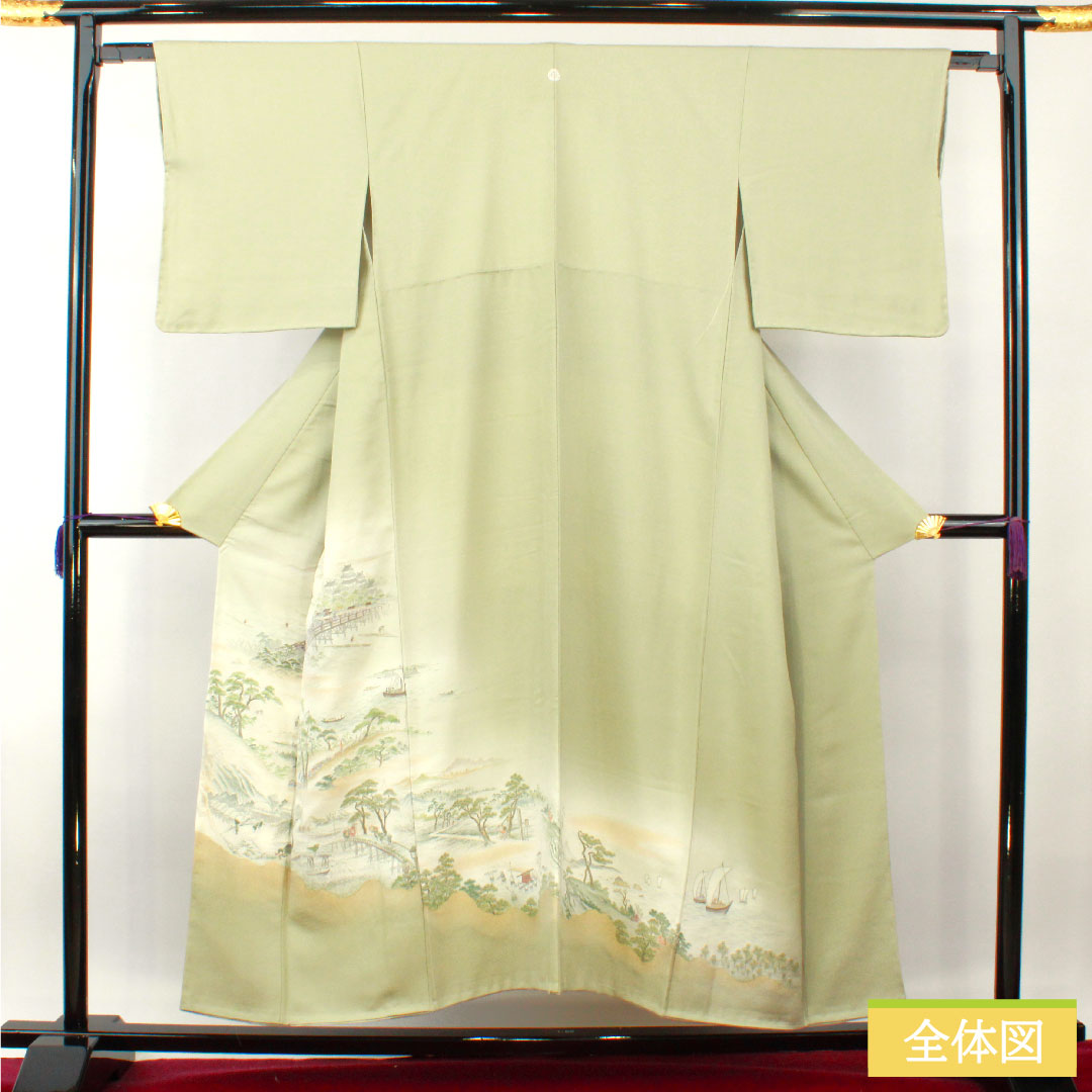 彩色留袖、纯丝、长度152cm、袖长63cm、里料、黄绿色和灰色、寿编织、山水纹、一个纹章、五葫芦和中国花图案圆圈、附缝纫线、未使用、S级、绿色、1111001342219