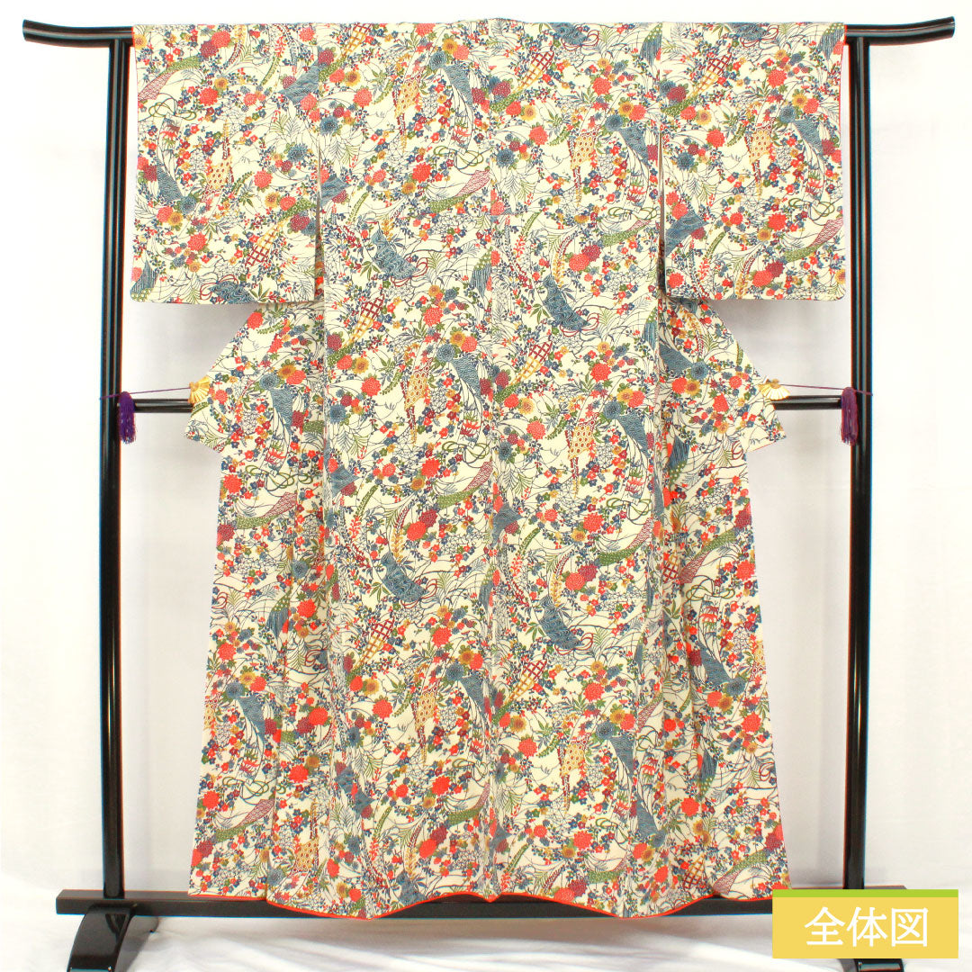 小紋 正絹 身丈154cm 裄丈63cm 袷 乳白色(にゅうはくしょく) 京紅型 吉祥文様 Bランク クリーム系 1115004844215