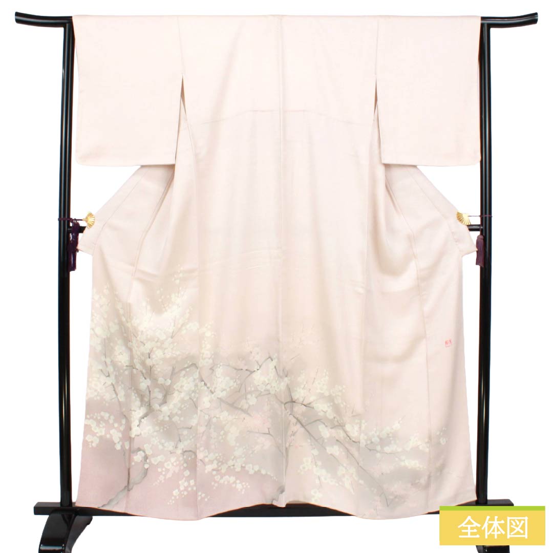 色留袖 正絹 Aランク 身丈158cm 裄丈65cm 袷 翁茶色(おきなちゃいろ) 手描き友禅 紅梅白梅 一つ紋 丸に梅鉢 作家物 一つ紋 ピンク系 1111002153313