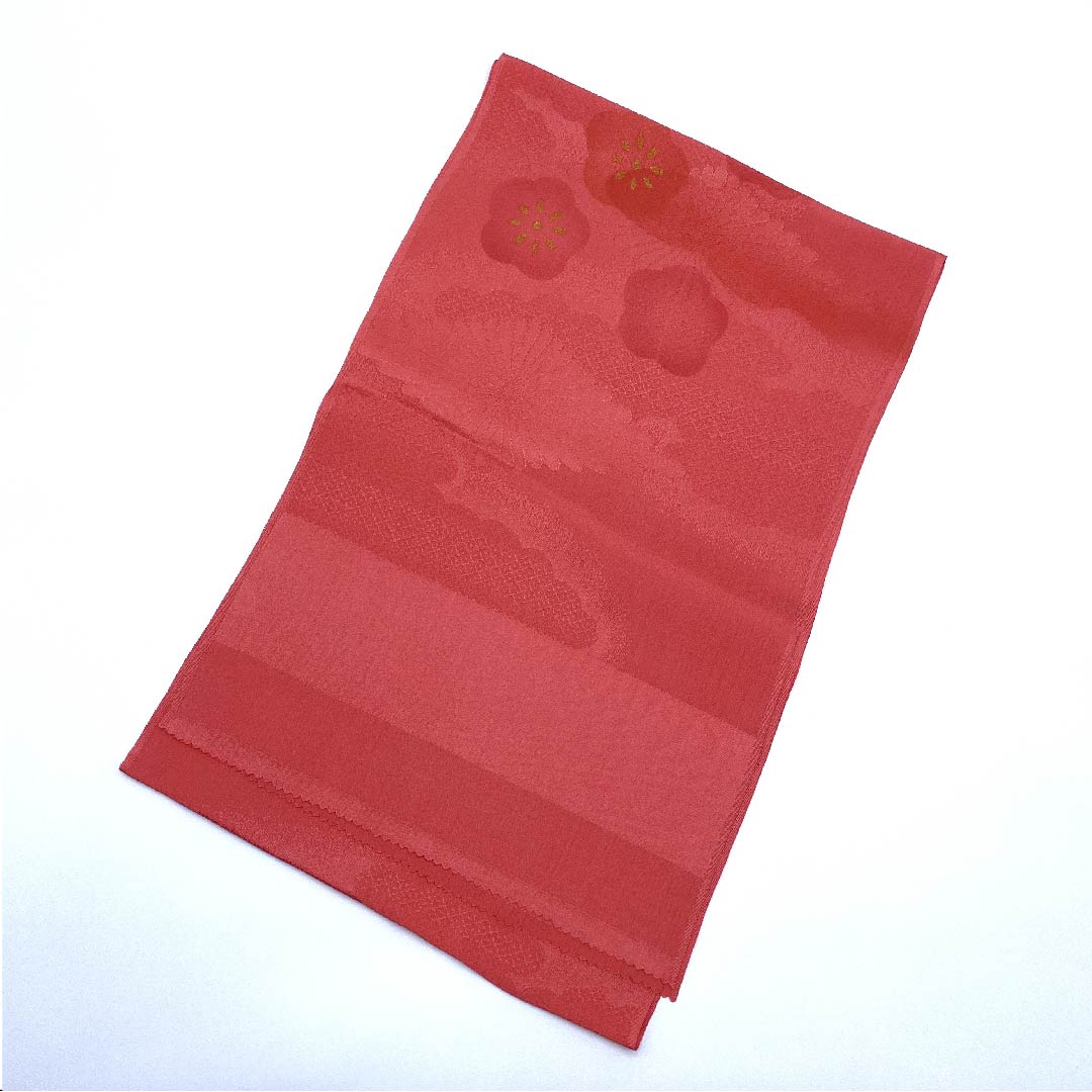 (新古品) 帯揚げ 正絹 フォーマル 甚三紅色(じんざもみいろ) 梅 菊菱 雲取り 長さ約168cm 幅約29.5cm Sランク 赤系 1136000132912