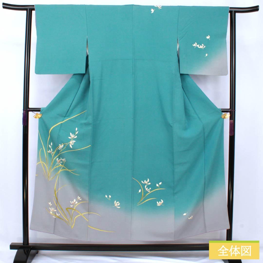 Visiting Kimono, Pure Silk, Grade A, Lined, Length 151.5cm, Sleeve Length 62cm, Oriiro (Ori-iro) Kyoto Yuzen Pattern, Floral Design, Blue, Item Number 1112007133217