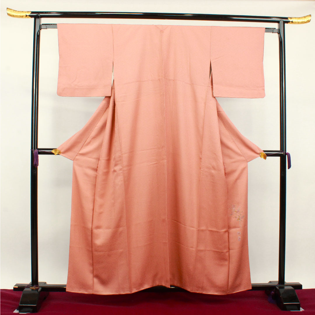 色無地 正絹 桃染色 百貫達雄 加賀友禅 五三桐 身丈158cm 裄丈62.5cm 袷 Aランク ピンク系 1114000953313