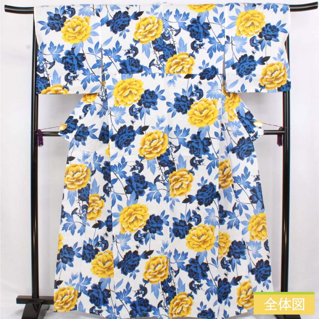 (新品未使用品)浴衣 木綿 身丈163.5cm 裄丈69cm NEWランク 単衣 白系 型染 牡丹 未使用品 1118006801411