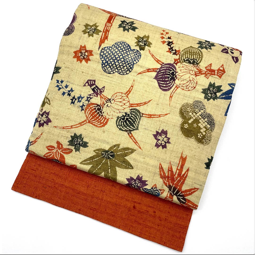 名古屋帯 桑色白茶色 紬地 葵 橘 松 紅葉 桜 帯丈362cm 正絹 Sランク全通 カジュアル ベージュ系 1124004672325 名古屋仕立て