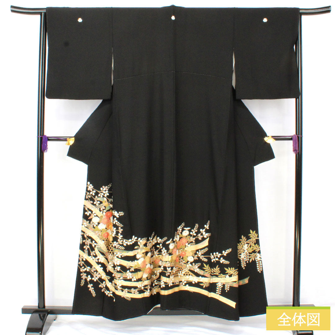 黒留袖 正絹 身丈154cm 裄丈65cm 袷 京友禅 鳳凰 束ね熨斗 五つ紋 片喰 Aランク 黒系 1111001583210