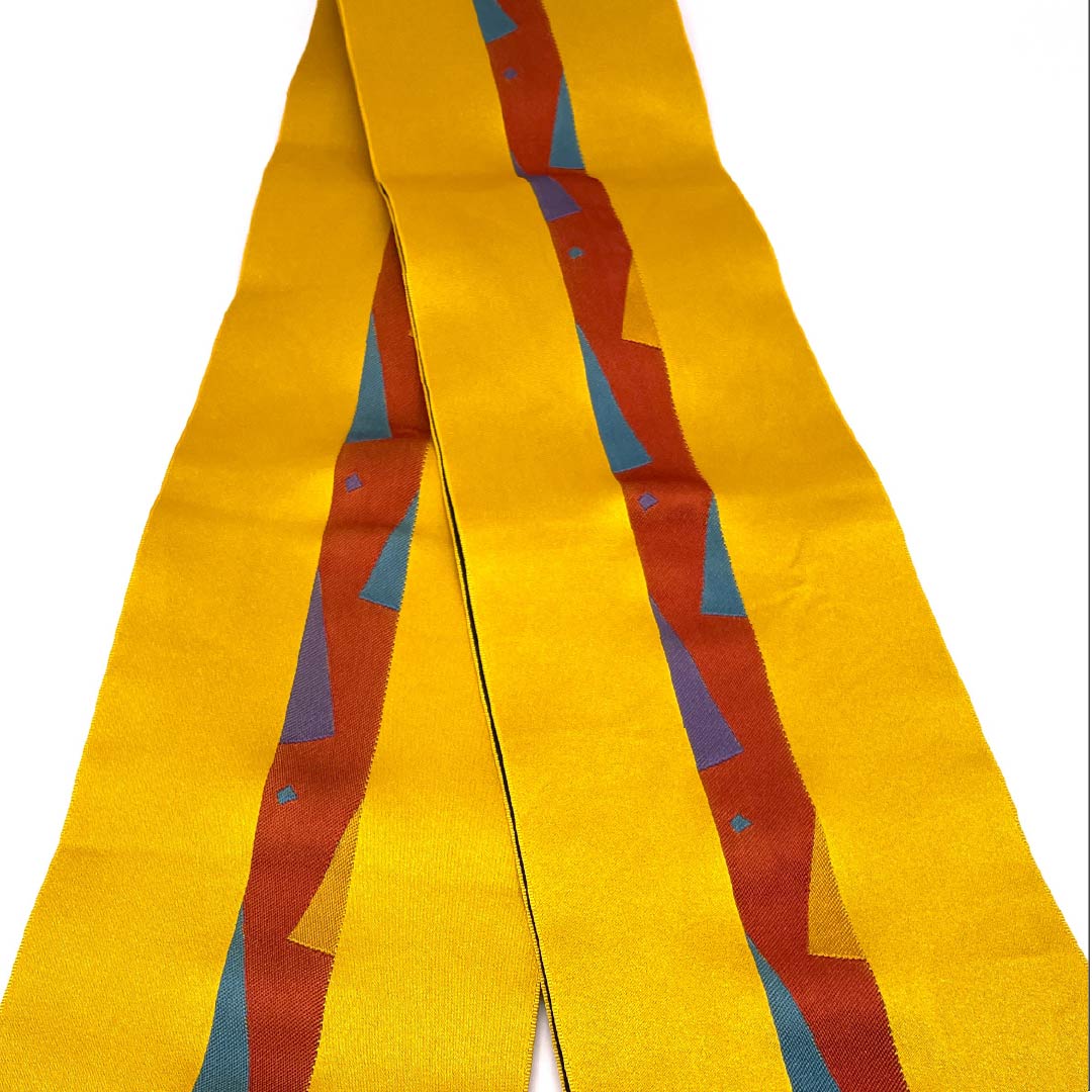 半幅帯 ポリエステル 濃卵色(こいたまごいろ) 幾何学模様 帯丈350cm 黄系 Aランク 1125001703323