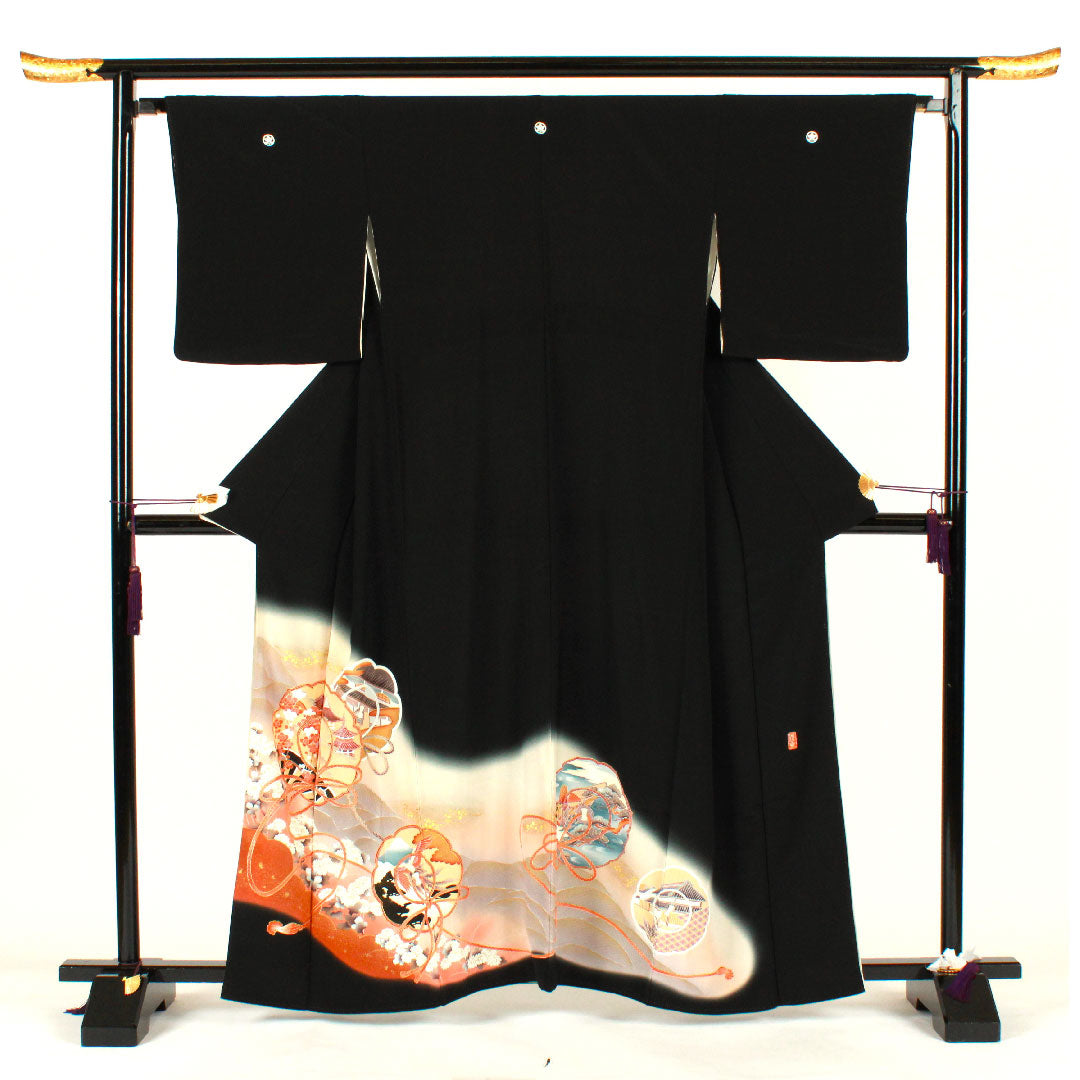 黒留袖 身丈161cm 裄丈64cm 袷 京友禅 吉祥文様 丸に橘 正絹 Aランク 五つ紋 黒系 1111000373410