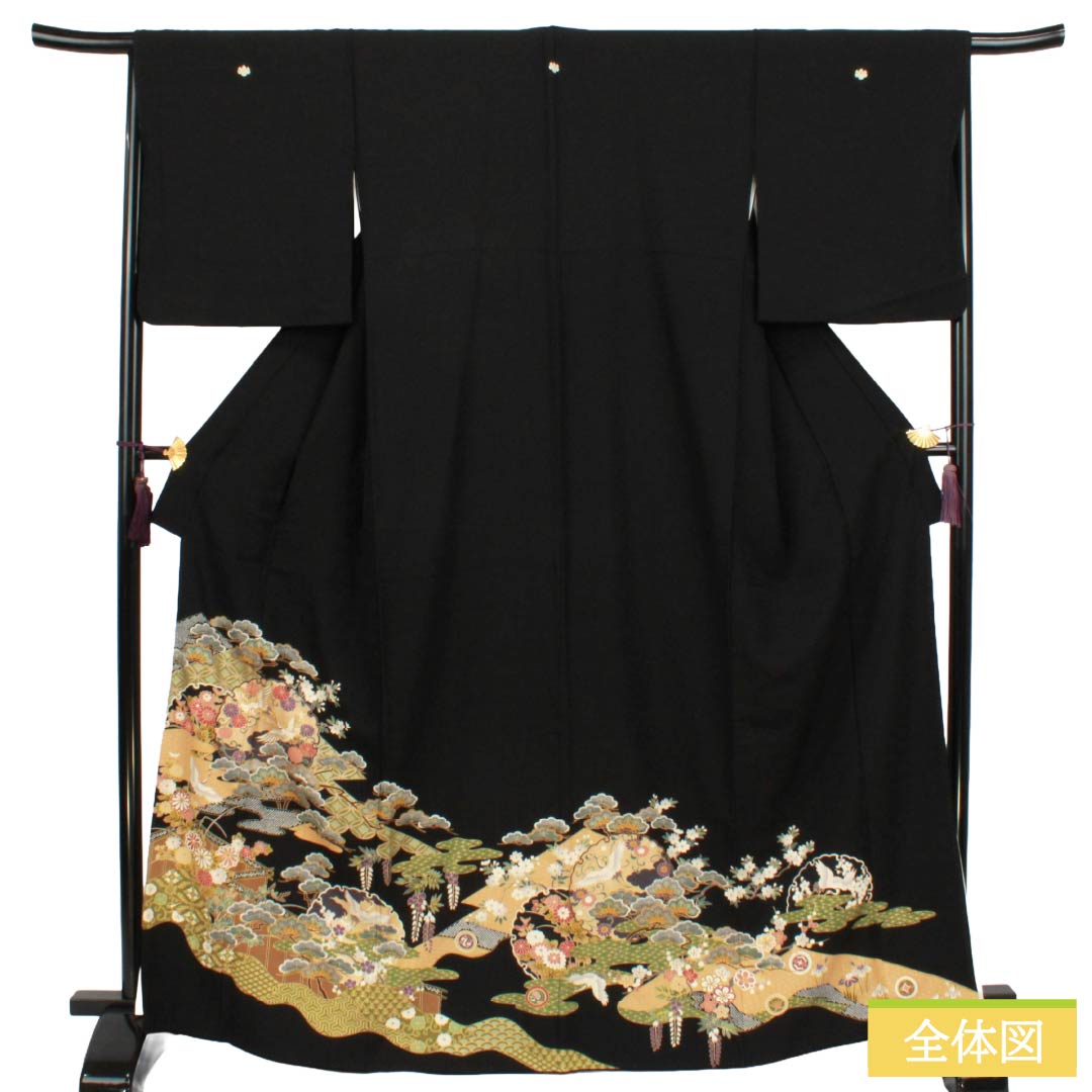 黒留袖 正絹 Aランク 身丈166.5cm 裄丈68cm 袷 京友禅 松 鶴 吉祥文様 五つ紋 五三桐 比翼付き 五つ紋 黒系 1111002363510