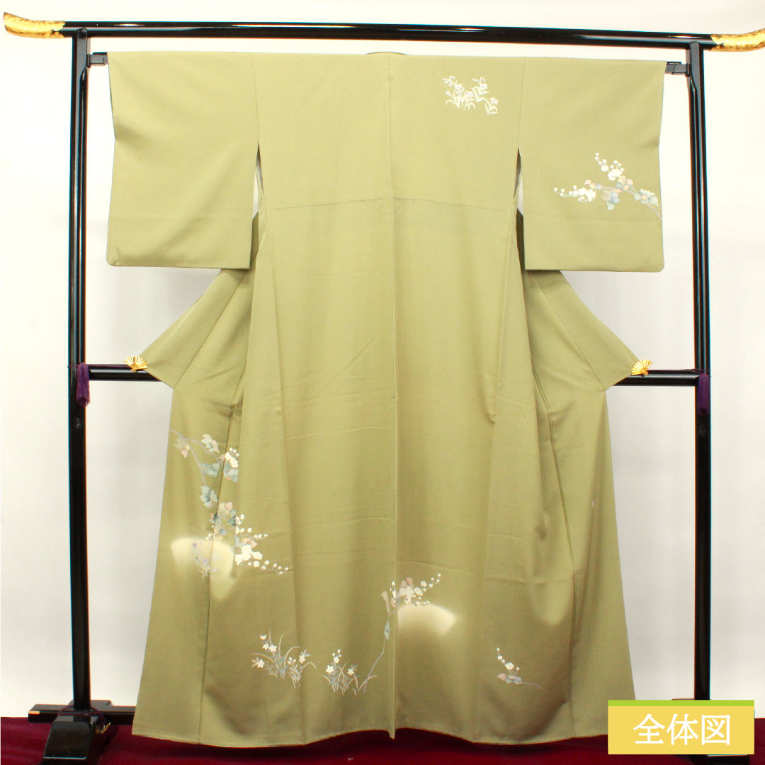 訪問着 正絹 袷 身丈160.5cm 裄丈66cm 利休色 京友禅 草花模様 剣片喰 Sランク 緑系 1112003492419