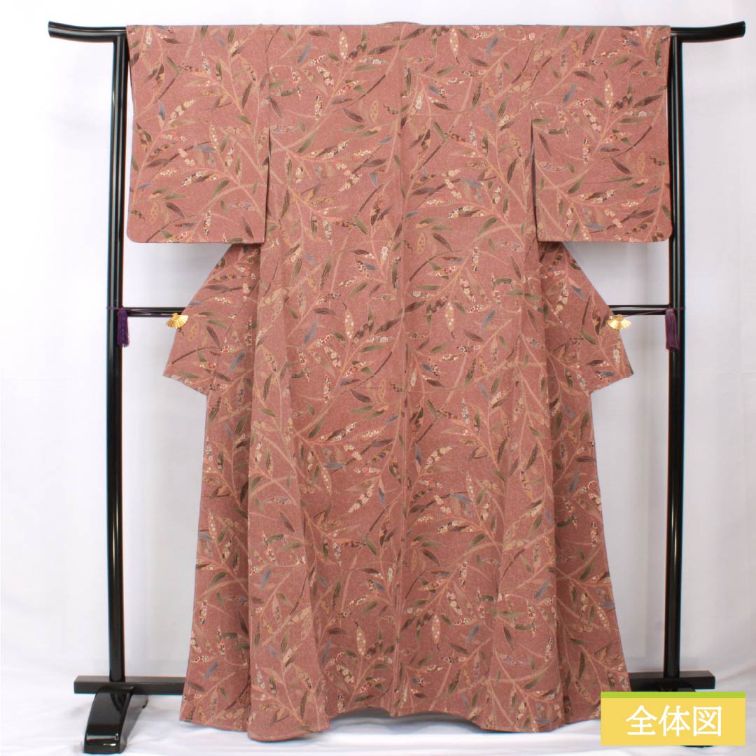 小紋 正絹 身丈162.5cm 裄丈64cm 袷 栗梅色(くりうめいろ) 型染 枝 更紗 しつけ糸付き Sランク 茶系 1115005622414