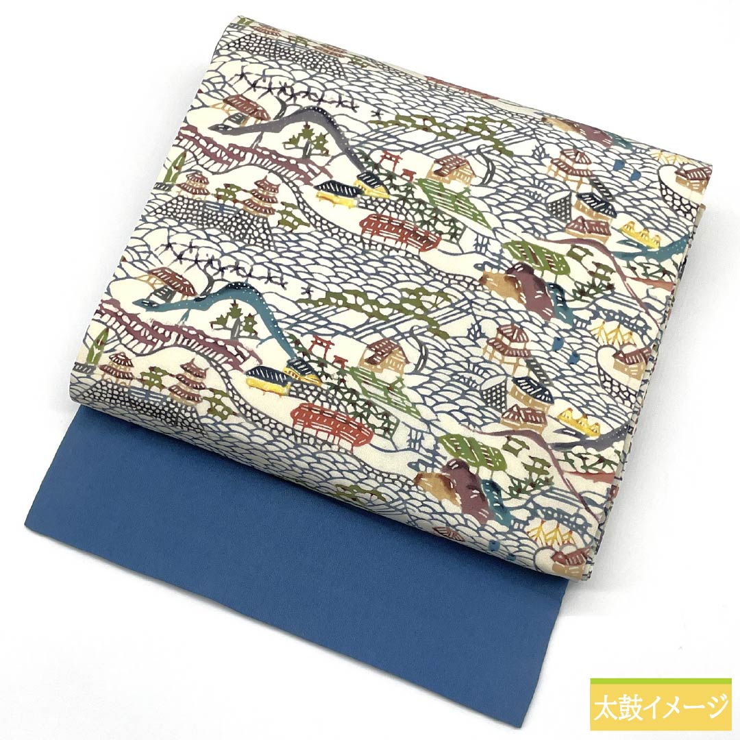 名古屋帯 正絹 Aランク 生成り色(きなりいろ) 型染 紅型調 風景模様 帯丈371cm 六通 カジュアル クリーム系 1124010593315 名古屋仕立て