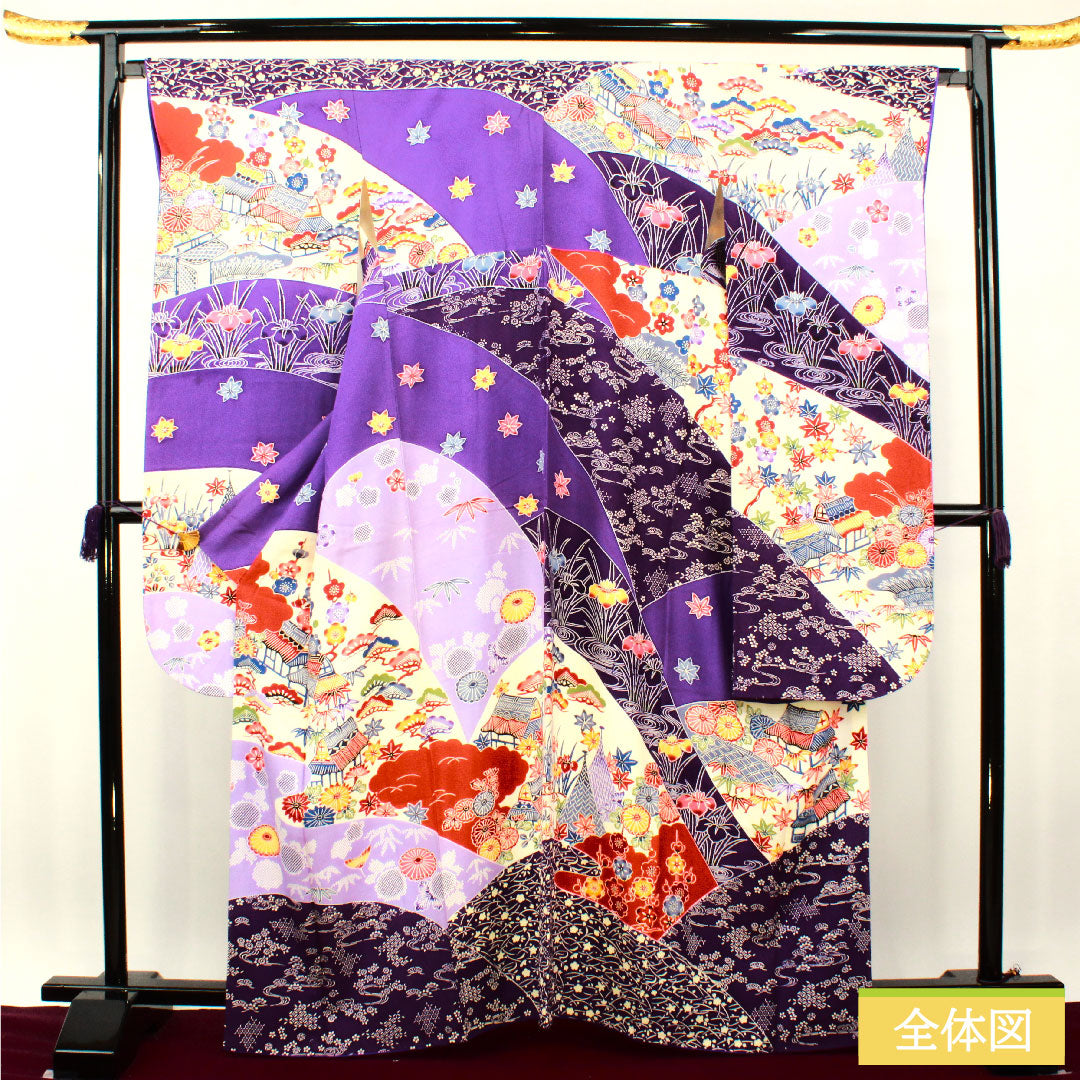 Furisode (long-sleeved kimono) made of pure silk, length 164.5cm, sleeve length 66cm, lined, bellflower color, violet color, Kyoto Bingata, auspicious motif, half-collar, B rank, purple, 1113002014420