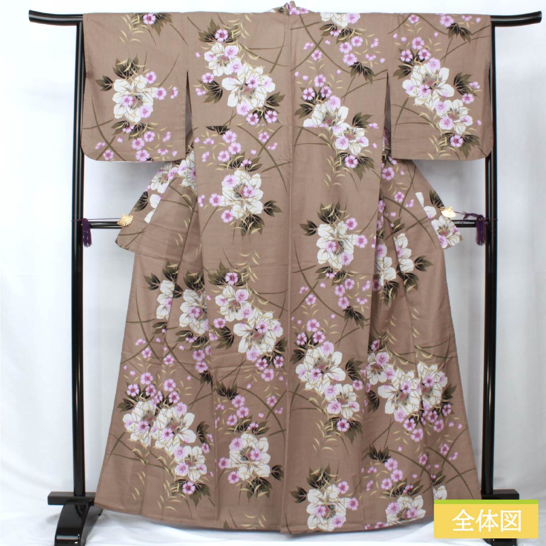 浴衣 木綿 身丈163.5cm 裄丈65.5cm Sランク 単衣 ベージュ系 茶鼠色(ちゃねずいろ) 撫子 1118006202425