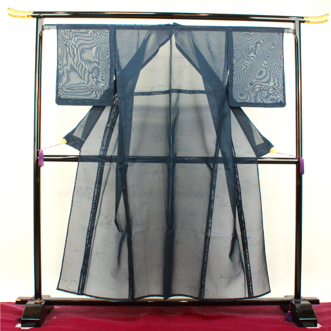 夏物 正絹 色無地 身丈155cm 裄丈65.5cm 濃紺色(のうこんいろ) 流水 紗 Sランク 紺系 1132000992318