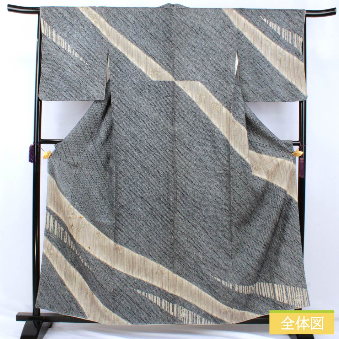 Visiting Kimono, Pure Silk, Grade A, Lined, Length 158cm, Sleeve Length 65.5cm, Dark Navy (Nukon-iro), Shibori Pattern, Bamboo, Basting Thread Included, Navy Blue, 1112006833318