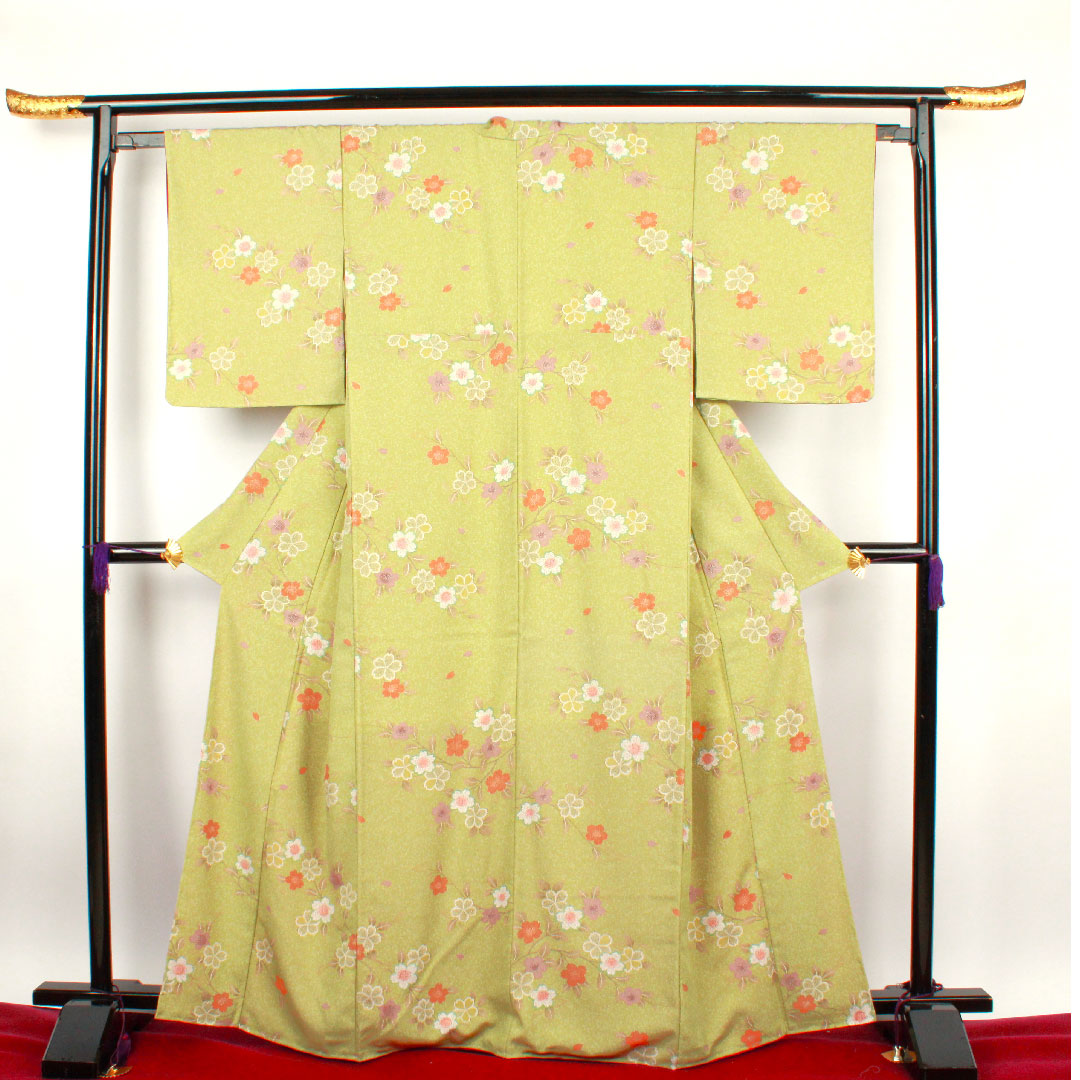 小紋 身丈164cm 裄丈64cm 袷 薄青朽葉色 洗える着物 桜 ポリ Sランク 緑系 1115002342419
