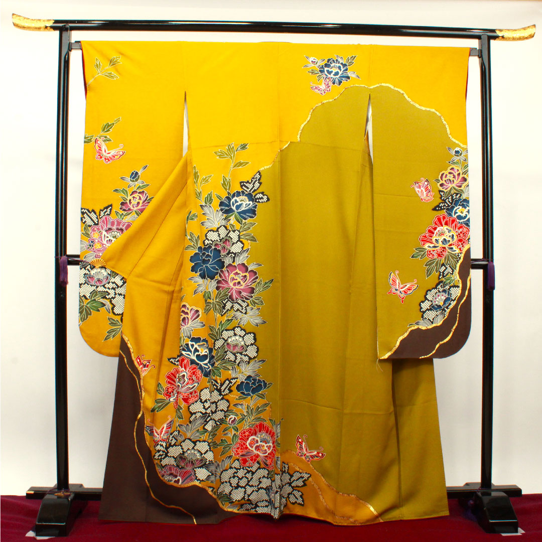 振袖 身丈164cm 裄丈66cm 袷 八丈色 京紅型 蝶 草花模様 正絹 Sランク 黄系 1113001742423