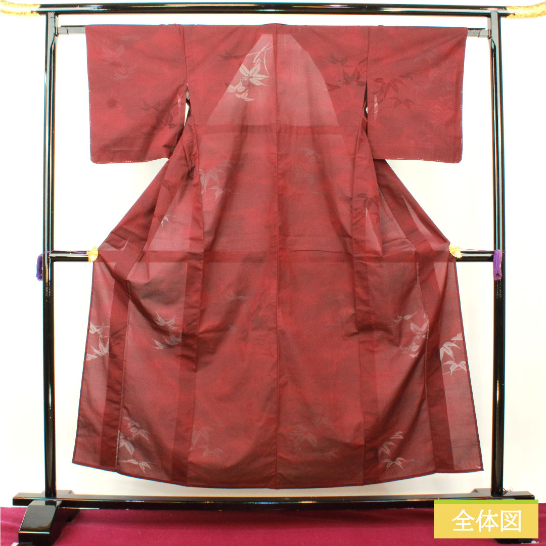 夏物 正絹 小紋 身丈156cm 裄丈62.5cm 暗紅色(あんこうしょく) 紋紗 笹 紗 Sランク 赤系 1132001902312