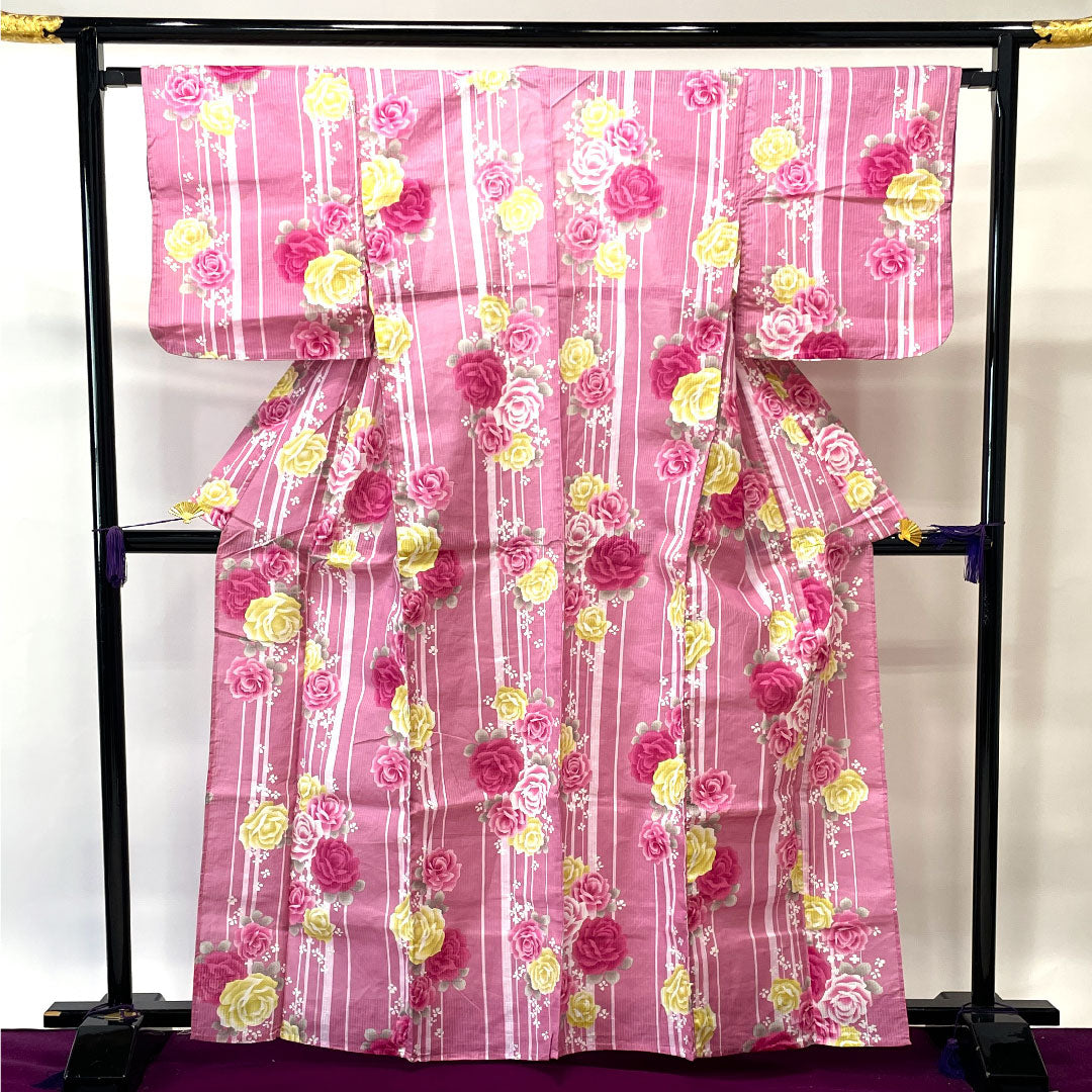 浴衣 撫子色 薔薇 縞 木綿 Aランク 単衣 身丈165.5cm 裄丈66cm ピンク系 1118002233513
