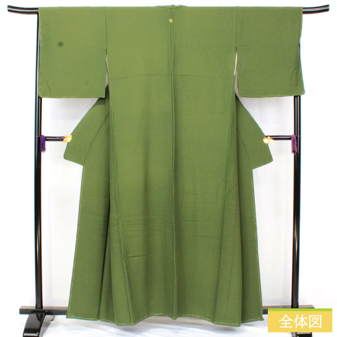 色無地 正絹 身丈157.5cm 裄丈67cm 青丹色(あおにいろ) 素無地 一つ紋 糸輪に違い鷹の羽 袷 Aランク 緑系 1114002113319