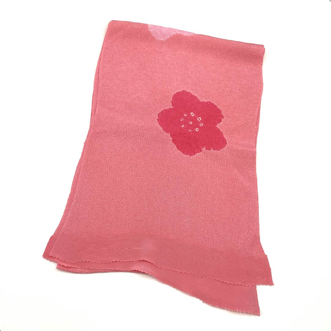 帯揚げ ちりめん カジュアル 中紅花色(なかのくれないいろ) 絞り 梅 花柄 長さ約164cm 幅約27cm Sランク ピンク系 1136000322913