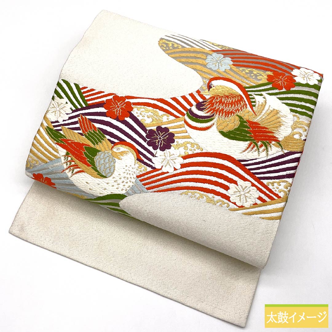 名古屋帯 おしどり 桜 波 帯丈364cm 正絹 Aランク ポイント柄 セミフォーマル 銀系 1124008933322 名古屋仕立て